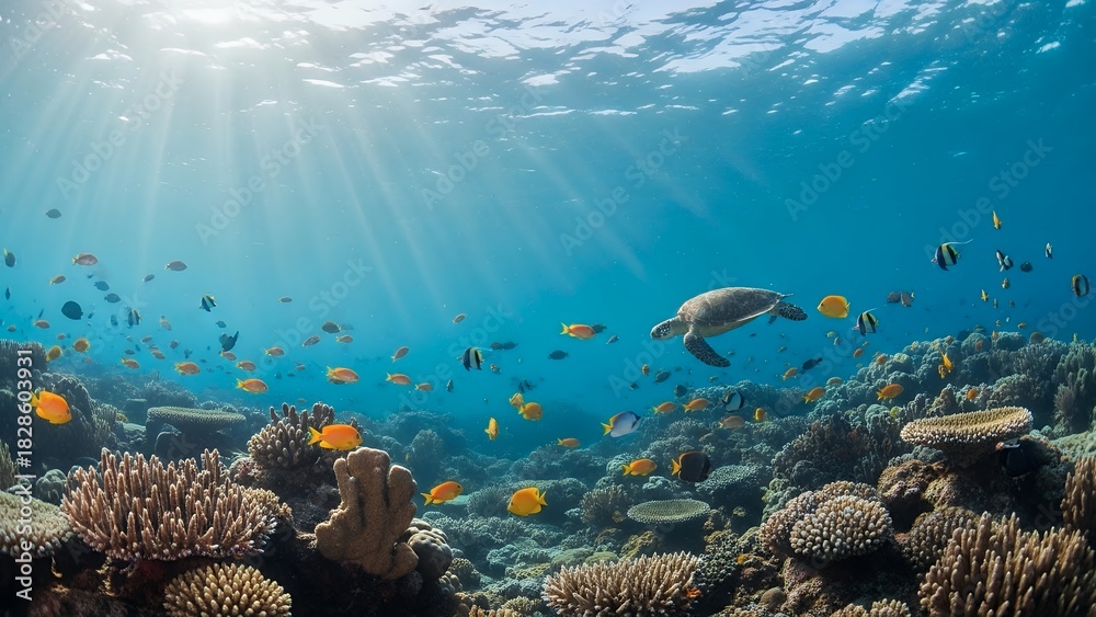 Naklejka premium Vibrant Coral Reef with Colorful Tropical Fish and Sea Turtle Under Sunlit Ocean Water Creating a Natural Marine Wildlife Scene