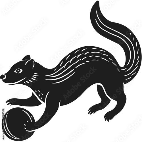 Stylized black silhouette of a ferret or weasel playfully pushing a ball with its paw against a black background