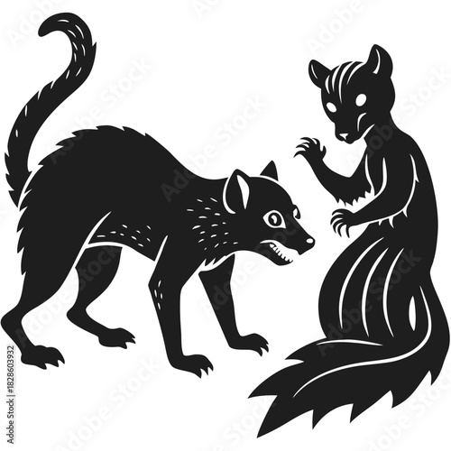 Stylized black silhouette of a menacing fox facing a cautious squirrel on a black background