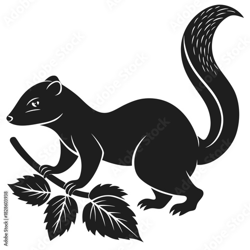 Stylized black silhouette of a weasel or ferret perched on a branch with leaves against a dark background