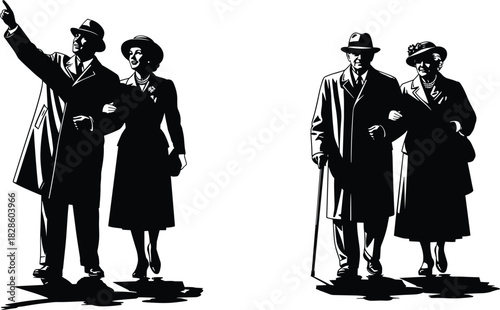 Silhouette of elderly couple walking arm in arm, expressing love, companionship, support, aging together, senior lifestyle, vintage clothing, emotional connection, partnership.