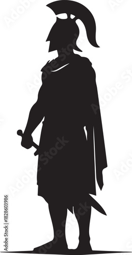 A silhouette of an ancient warrior, likely from the classical era, standing with a sword and wearing a helmet and cape.