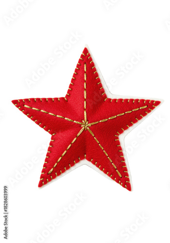 Single festive red felt christmas star decoration with chunky metallic gold stitching, macro flat lay on a transparent background with soft bokeh and copy space. Concept of cozy holiday diy craft