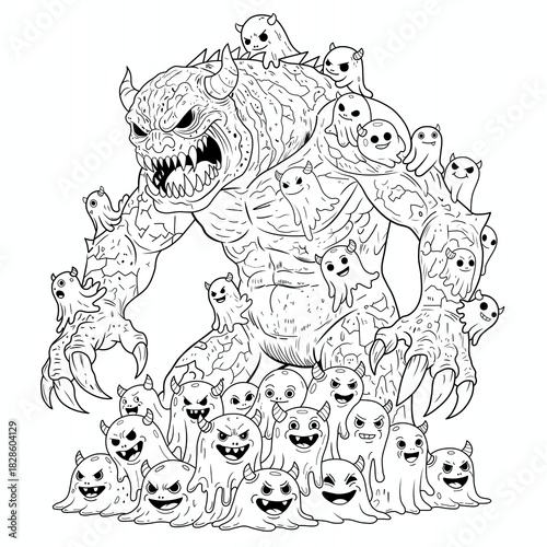 A detailed black-and-white line art of a horned monster with sharp claws and teeth, covered in cute little ghost creatures surrounding its body.