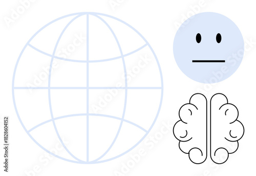Earth globe, brain, and neutral face arranged to illustrate global perspective, intelligence, and balanced emotion. Ideal for psychology, AI, communication, globalization education mindfulness