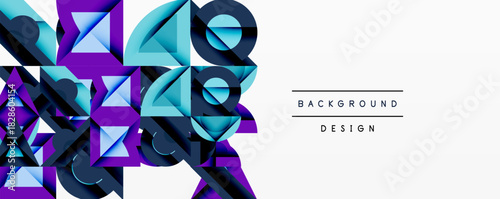Abstract geometric shapes create vibrant background. Purple, blue hues dominate composition, offering modern aesthetic. Design feels dynamic, layered.