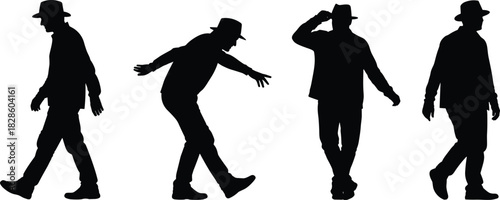 Silhouette sequence of a man in various walking and dancing poses wearing a hat, expressing movement, style, creativity, performance, and artistic motion.