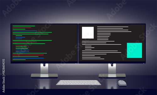 A modern workspace featuring two computer monitors. One displays lines of colorful code, while the other shows a data graph in red and green. Ideal for tech or coding themes. Vector illustration