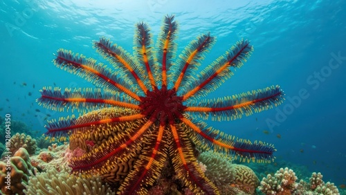 Fototapeta Naklejka Na Ścianę i Meble -  A vibrant starfish with orange and red tentacles on a coral reef with a blue ocean background.