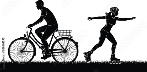 Silhouettes of a man riding a bicycle and a woman rollerblading outdoors, showing active lifestyle, fitness movement, outdoor sports, healthy recreation, and dynamic motion.
