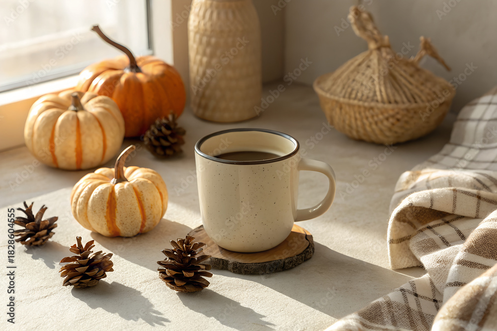Fototapeta premium Cozy autumn-winter still life with ceramic mug of hot drink, soft sunlight, warm plaid texture, small decorative pumpkins, pine cones, beige background with shadows, minimal Scandinavian aesthetic, na