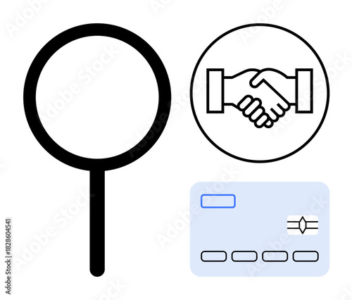 Trust concept. Trust-building in financial transactions, by magnifying glass, handshake, and credit card for transparency and secure agreements. For fintech, banking, eCommerce, security apps