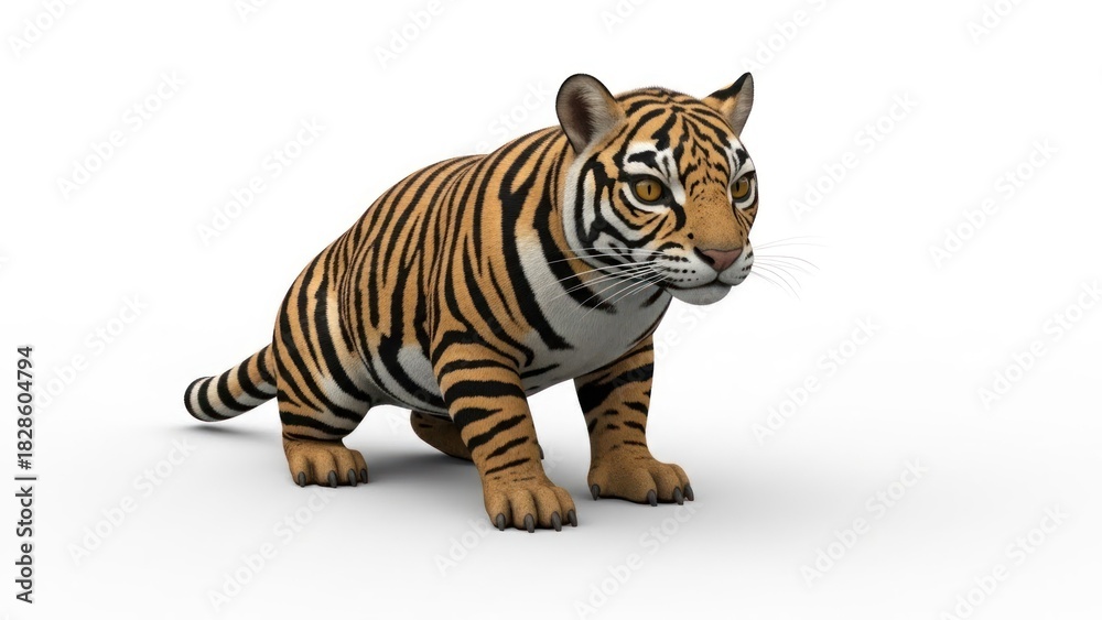 Obraz premium A tiger standing on a white surface with its head raised and eyes focused.