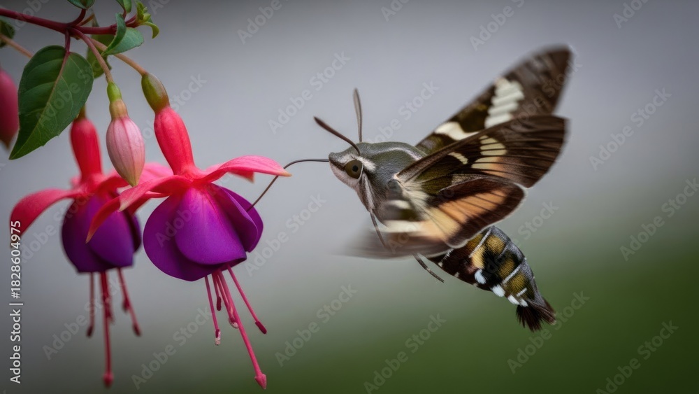 Obraz premium A hummingbird hawkmoth feeding on a fuchsia flower.
