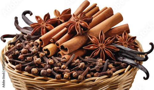 Aromatic spices in a basket, cinnamon, anise, clove