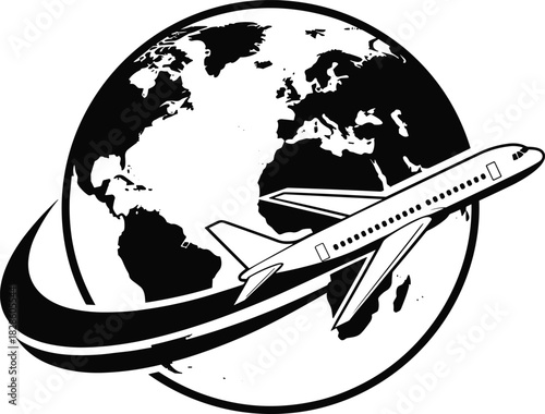 Airplane flying around the globe with swoosh trail, vector illustration of international travel concept, black and white plane orbiting earth planet icon