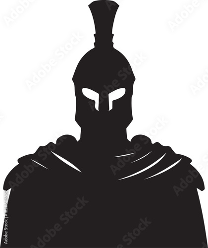 A black silhouette of an ancient warrior, likely a Spartan or Roman soldier, wearing a helmet and cape, against a white background.