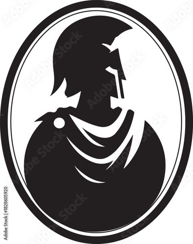 A black silhouette of an ancient warrior, possibly a Spartan or Roman, wearing a helmet and cape inside a circular emblem.