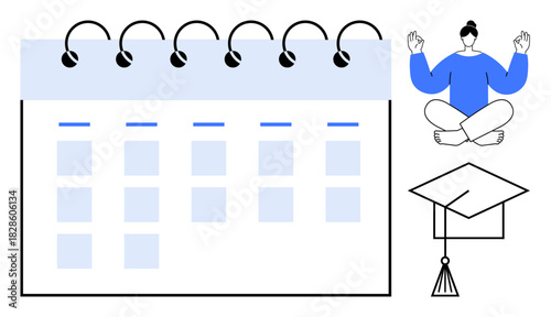 Large spiral-bound calendar beside meditating person and graduation cap. Ideal for time management, mindfulness, education, goal setting, personal growth, organization, and balance. Simple flat