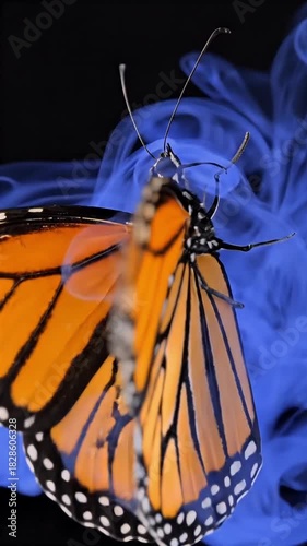 Monarch butterfly with blue smoke effect, close-up view.