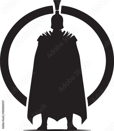 A black silhouette of an ancient warrior, possibly a Spartan or Roman soldier, with a helmet and cape, set against a circular backdrop.