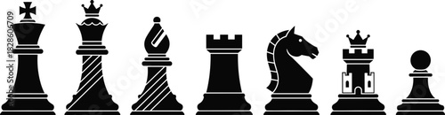 Black chess piece silhouettes set featuring king queen bishop knight rook and pawn isolated on white background for strategy game concept vector illustration design