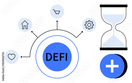 Decentralized finance concept. Decentralized finance illustrated by icons highlighting time management, financial services, and digital solutions. Decentralized finance connects resources