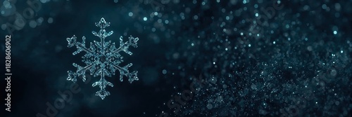 Macro snowflake closeup on dark blue background with glittering bokeh and winter frosty shine, abstract frozen ice crystal