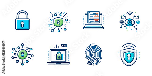 Collection of cybersecurity and digital security icons representing data protection and privacy