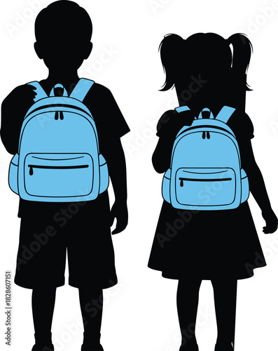 Black silhouette of little boy and girl with blue backpacks standing rear view for back to school education concept vector illustration isolated on white