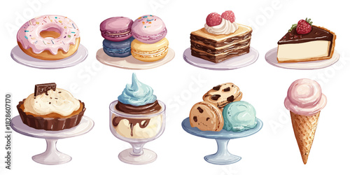 Collection of delicious watercolor desserts including donuts cupcakes cheesecake ice cream and macarons