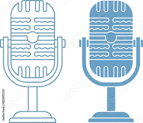 Blue vintage microphone vector illustration set featuring outline and solid styles isolated on white background for podcast radio recording and music broadcast studio projects