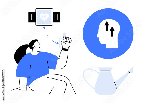 Health technology. A wearable device tracking health metrics, mental growth symbol with upward arrows, and a watering can emphasizing growth. Health technology for progress, fitness, wellness