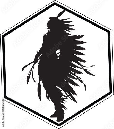 Silhouette of a Native American warrior wearing a headdress and holding a weapon, contained within a hexagonal frame.