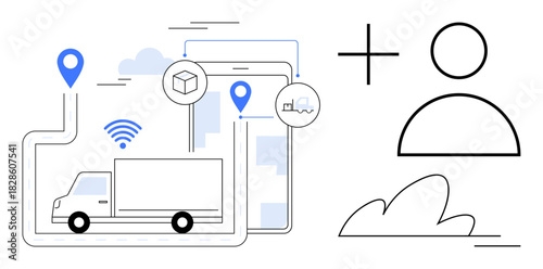 Truck on a delivery route with GPS markers, wireless signal, and cloud features. Tablet screen showcasing digital logistics. Ideal for delivery, transport, supply chain, innovation, technology data