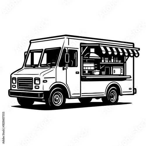 Detailed black and white gourmet food truck with open serving window and interior equipment