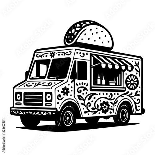 Street taco food truck in black and white, decorative patterns in line art