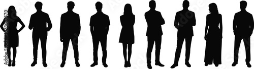 Silhouettes of nine diverse individuals in formal and semi-formal poses, standing, gesture variation, posture reference, group illustration