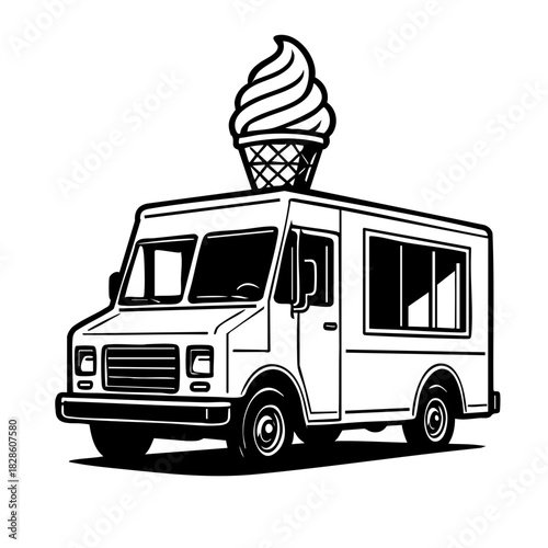 Black and white ice cream truck with large rooftop cone, clean vector design