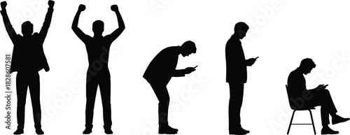 Silhouettes of person transitioning from celebration to phone use, posture shift, gesture variation, digital behavior illustration