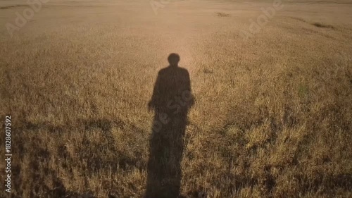 Silhouette walking through golden wheat field at sunset.