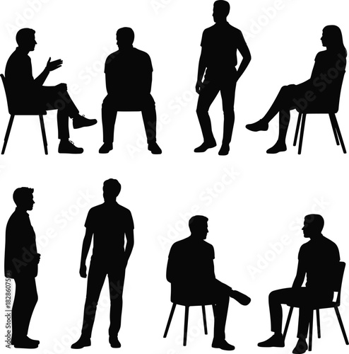 Silhouettes of seated and standing people in social interaction poses, gesture variation, communication posture, group illustration