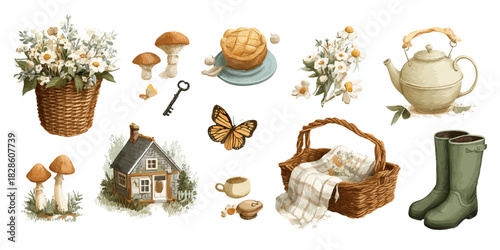 Charming cottagecore elements featuring flowers mushrooms teapot and butterfly for rustic decor