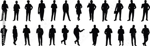 Silhouettes of twenty diverse individuals in casual and professional poses, standing, gesturing, accessories, posture reference, illustration