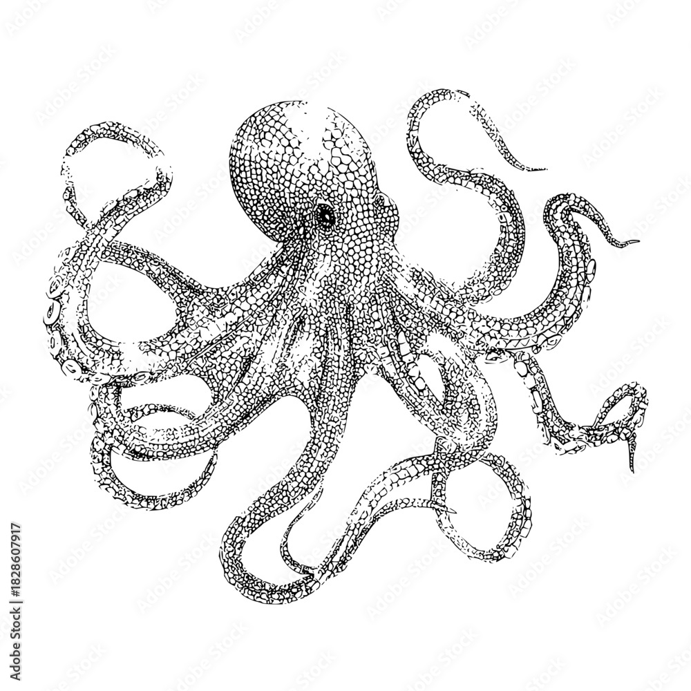 Fototapeta premium Detailed monochrome illustration of an octopus with curling tentacles on a white background