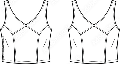 Sleeveless top technical sketch, V-neckline, geometric bust seams, fitted silhouette, fashion flat, garment drawing, apparel design, pattern illustration