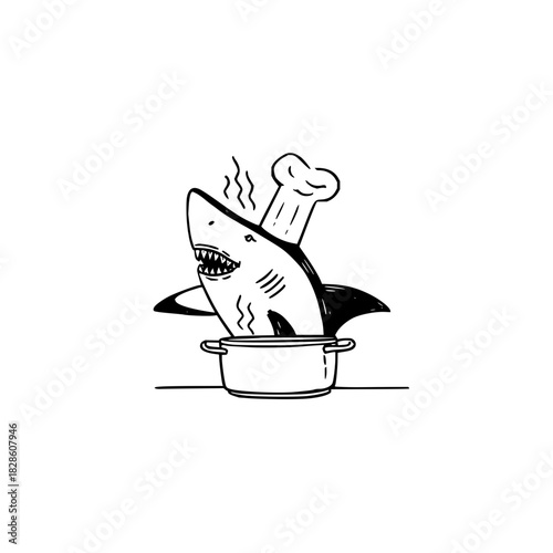 A shark wearing a chef's hat emerging from a steaming pot on a table in black and white drawing