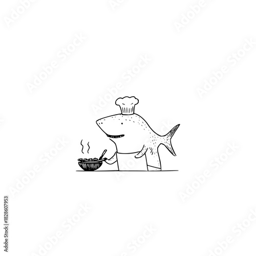 Cartoon shark wearing a chef's hat and apron stirring a pot with a spoon in a black and white drawing