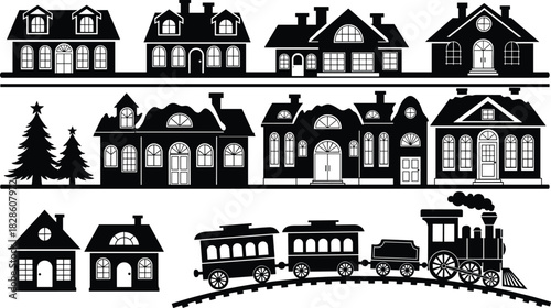 Christmas village silhouette collection featuring houses, winter trees, steam train locomotive, festive holiday vector illustration set, black and white architecture town design, paper cut style