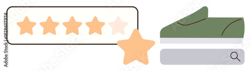 Five-star rating bar, highlighted orange star, green sneaker, and search bar. Ideal for ecommerce, product evaluation, customer review, feedback, online shopping customer satisfaction simple flat